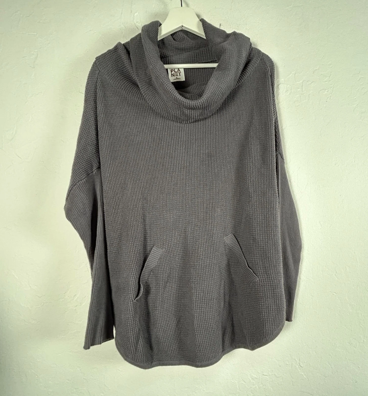 Planet By Lauren G Womens Gray Cowl Neck Poncho Sweater One Size Cotton Pullover
