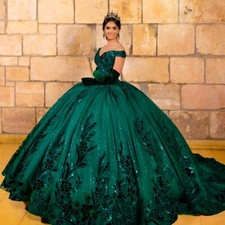 Emerald Green Shiny Quinceanera Dresses Off The Shoulder Applique Lace Beads