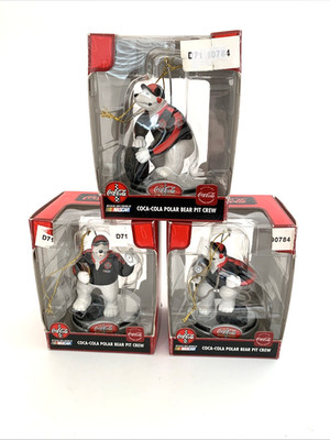 3 Coca-Cola NASCAR Polar Bear Pit Crew Xmas Ornaments Tire Wrench Boxes Vintage