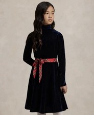 Polo Ralph Lauren Girls Velvet Dress Turtleneck Belt Navy Size 6 NWT 98.50
