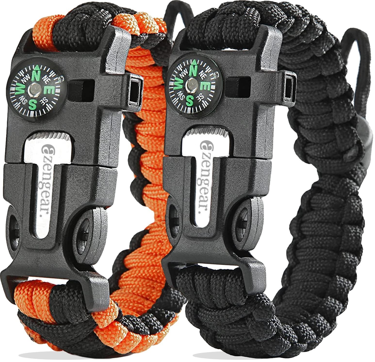 aZengear Paracord Survival Bracelet (2 Pack) | Flint Steel Fire Starter, Whistle