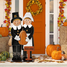 40 H Thanksgiving Pilgrim Couple with Pumpkin Porch Sign Farmhouse Wooden Pilgri