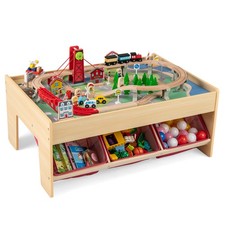 94 PCS Wooden Train Set Table w/Reversible Tabletops 3 Storage Bins Tracks Cars