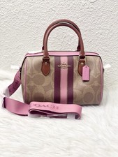 NWT COACH Rowan Satchel Bag In Signature Canvas With Stripe Print Gold/Tan CBI78