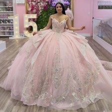 Pink Quinceanera Dresses Shiny Lace Applique Bow Tiered Prom Ball Gowns Sweet 16