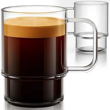 22oz Stackable Glass Mugs with Handle, Set of 2 - Large Clear Coffee Cups for...