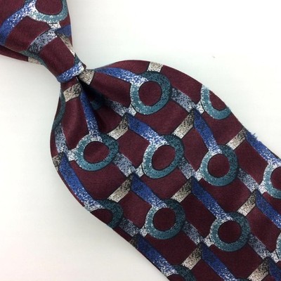 Halston III Usa Tie Silk Interlink Circle/Net Brown Blue White #I23 Vintage/Rare