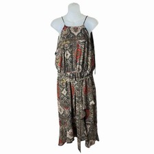 New $79 Express Dress Olive Green Red Paisley Faux Wrap Halter Tie Waist Size L