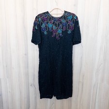 Vintage 80s Silk Beaded Dress Large Black Floral Sequin Art Deco Glam Cocktail