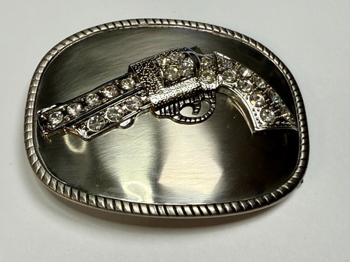 Jeweled Gun Pistol Revolver Rhinestone Accented Silver Color Oval Belt Buckle - 第 12/22 張圖片