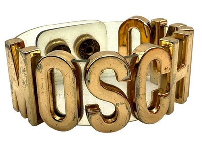 Vintage Moschino Gold Tone Logo Lettering Bracelet Clear Vinyl