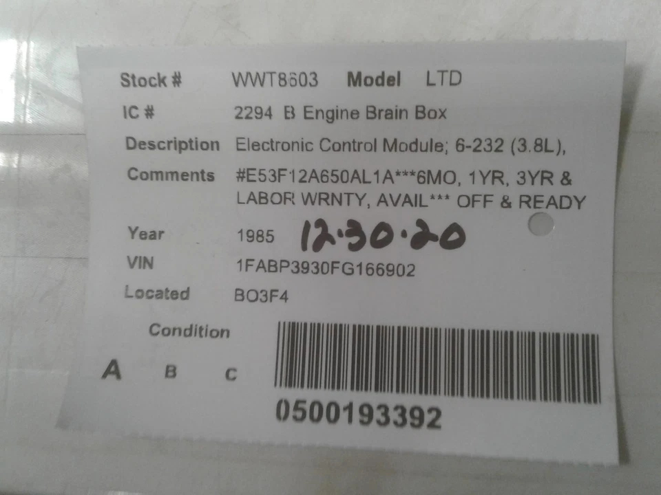 Б/у модуль управления двигателем (ECM) подходит: электронный модуль управления 1985 Ford Ltd 6 - Изображение 3 из 4