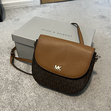 Michael Kors Monogram Small Crossbody Bag Tan Flap Chain Strap Magnetic