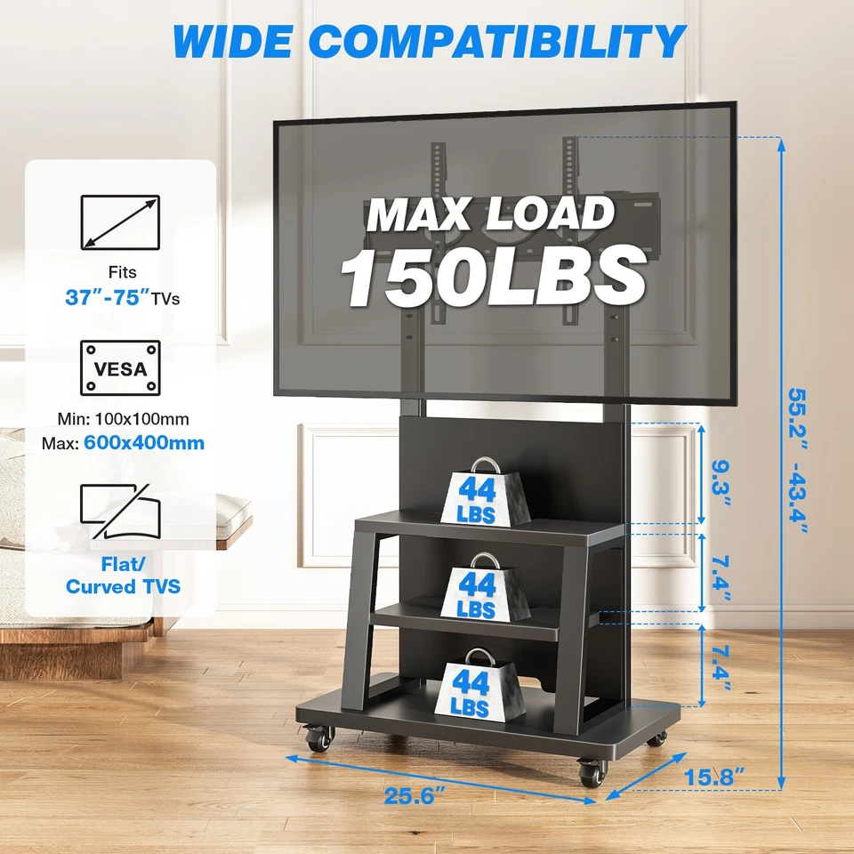 Soporte de TV con ruedas con estantes para televisores de 37"-75", soporte de base ancha de alta resistencia negro Foto 3 de 4