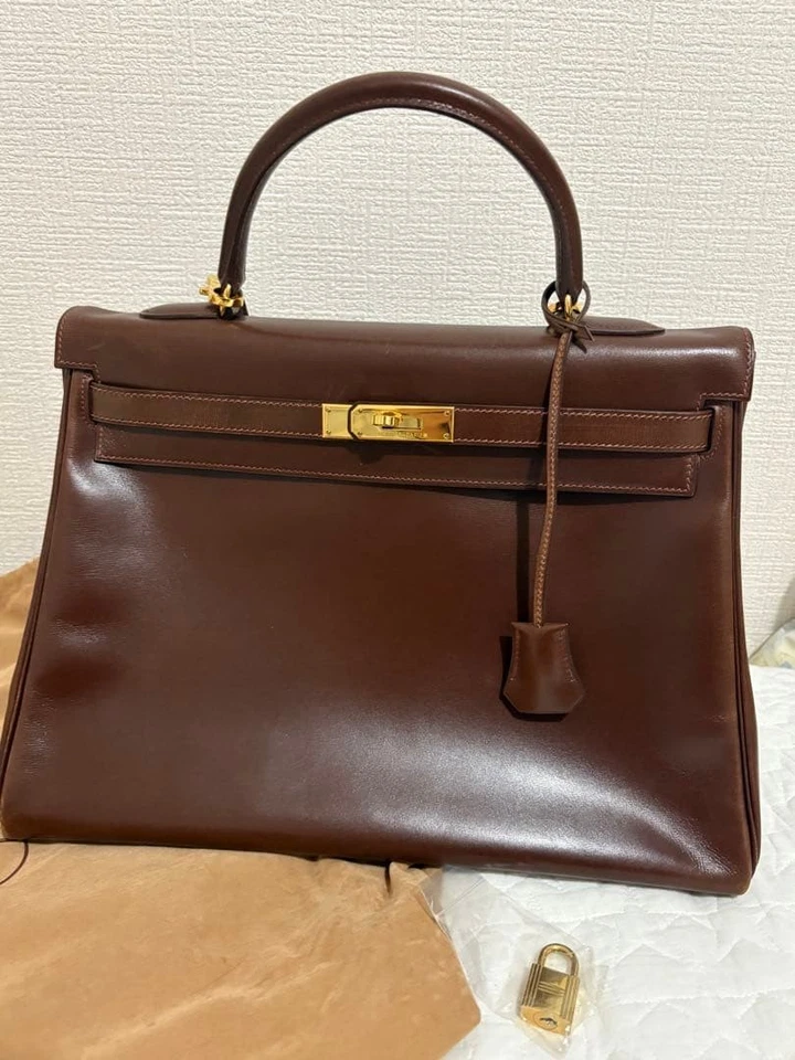 Hermes Kelly 35 Retourne Becerro Marrón Vintage GHW con Correa Z Foto 2 de 4