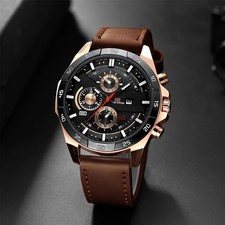 Men's Watch Luxury Brand Waterproof Analog Quartz Calender Black Leather Band