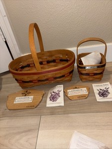 Longaberger Handwoven Wood Basket Lot w/ Handles 1993 1994