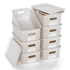 Plastic Storage Bins with Lid, Stackable Small Box Basket for Organizing and ...