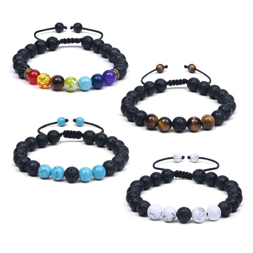 4Pcs Natural Stone Beads Lava Tiger Eye Bracelet Adjustable Rope Energy Healing - Picture 1 of 8