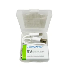 MaximalPower 9V Rechargeable Li-ion Battery 650mAh with USB Type-C Charging Cord