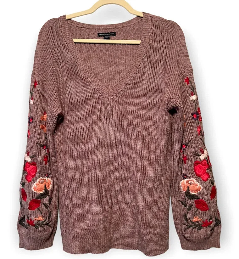 American Eagle Purple Floral Embroidered Sleeve Sweater Size Small | eBay