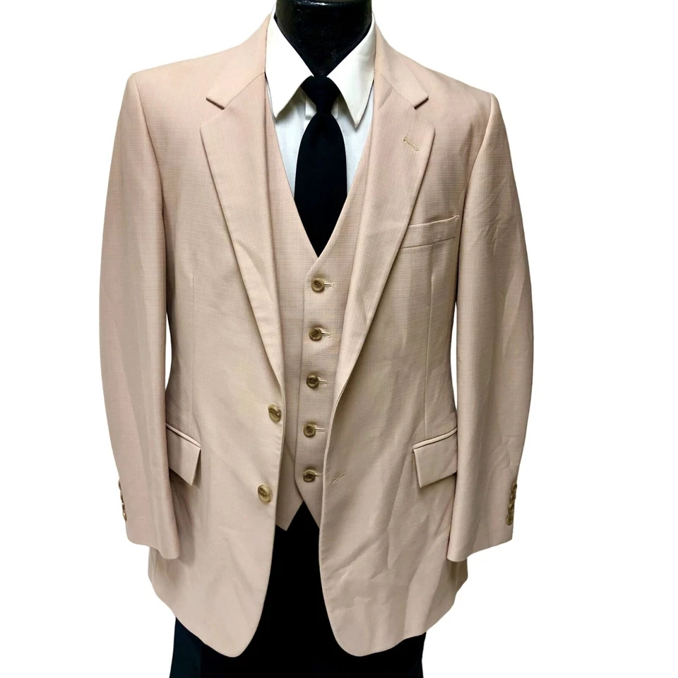3 peças vintage anos 70 masculino bege texturizado MoD DISCO cafetão BELL BOTTOMS terno colete calças - Imagem 3 de 4