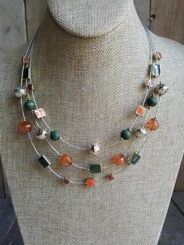 Triple Illusion Multi Strand Orange Green enamel Necklace two tone floating wire - Picture 4 of 6