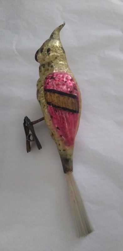Antique German Blown Glass Clip On Bird Ornament 8" Cockatiel Spun Glass Tail 