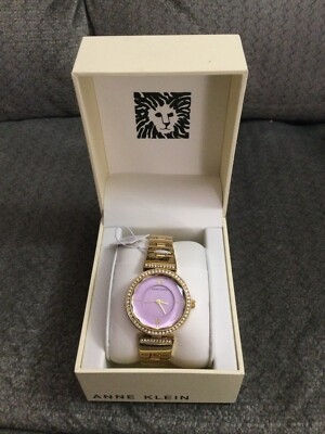  New Anne Klein Premium Crystal Watch, Gold, Lavender Face, Rhinestones
