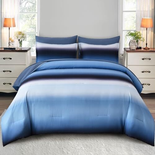 Boho Striped Ombre Blue Comforter Set Size Gradient Blue King Dark Blue