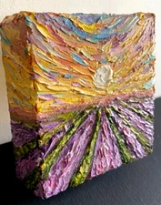 ORIGINAL OIL impasto Painting "LAVENDER FIELD"  4"X4" X 1.5" by Olga Diduh.