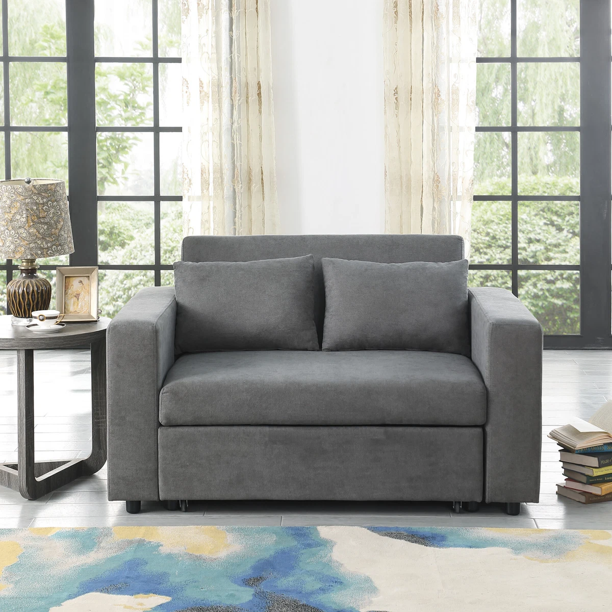 MIA GREY LINEN 2 SEATER PULL OUT SOFABED FOLDING BACK CHUNKY SQUARE