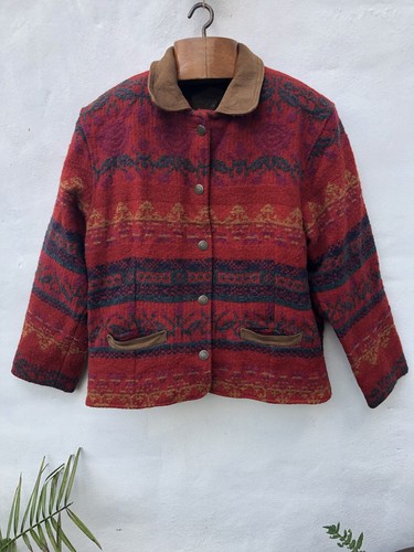 Vintage Woolrich Aztec Western Jacket Women’s L Red Navy Suede Collar USA Made - Picture 7 of 24