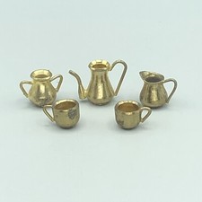 Vintage Dollhouse 5 Piece Brass Tea Set Pitcher Cups Creamer Sugar