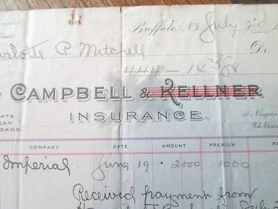 1899 Campbell & Kellner Insurance Receipt Billhead BUFFALO NY Real Estate,etc