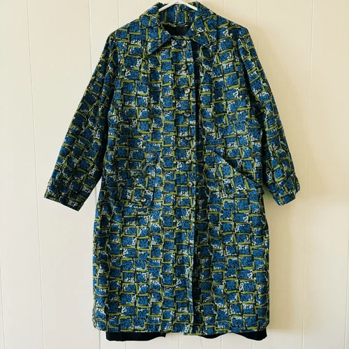Vintage 60s Mod Abstract Geometric Pattern Swing Coat Jacket Green Blue Frock