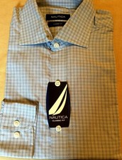 NWT NAUTICA SPREAD COLLAR DRESS SHIRT- BLUE BLACK WHITE PLAID- 15.5 34/35