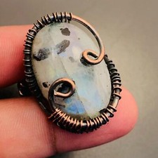 Rainbow Moonstone Gemstone Ring Copper Wire Wrapped Handmade Ring Jewelry