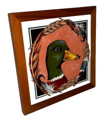 Vintage Trivet Hotplate Wood 7 x 7  1980's Duck Mallard  Wall Tile Framed Plaque
