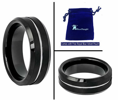 8mm Men's Black Tungsten Carbide Silver Grooved Line Wedding