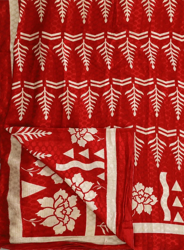 Vestido Vintage Sari Rojo Hoja India Estampado Kimono Mezcla Seda Artesanal 5 Yardas Sari Foto 2 de 4