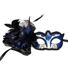Venetian Black Side Feather Blue Glitter Women Eyes Mask - Masquerade Prom Mask