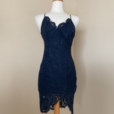 Lulu’s Desire Dress Navy Blue Lace Bodycon Criss Cross Back Size XS