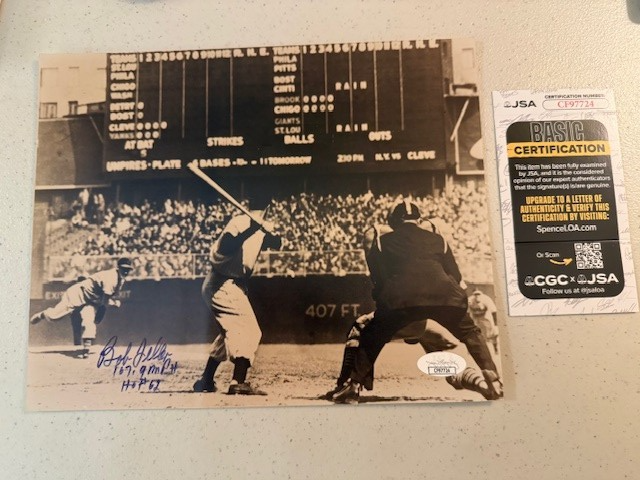 Bob Feller 4-30-46 RARE HOF Auto./107.9 MPH/ & '62 HoF 8x10 Indians JSA COA 