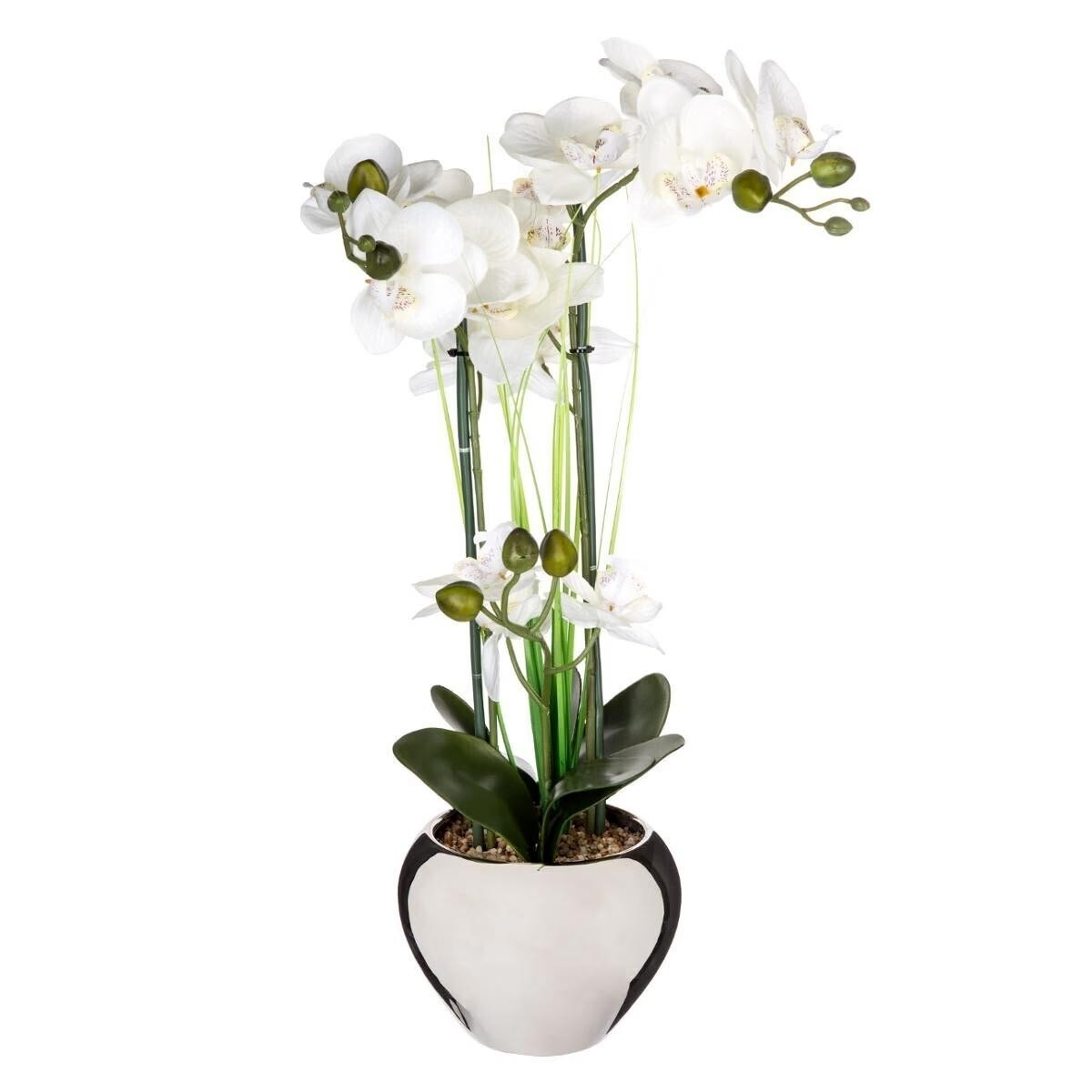 Orchidée artificielle de luxe 53cm avec vase céramique argent