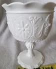 Vintage Indiana Milk Glass Pedestal Compote Floral Medallion Daisy Flat Edge