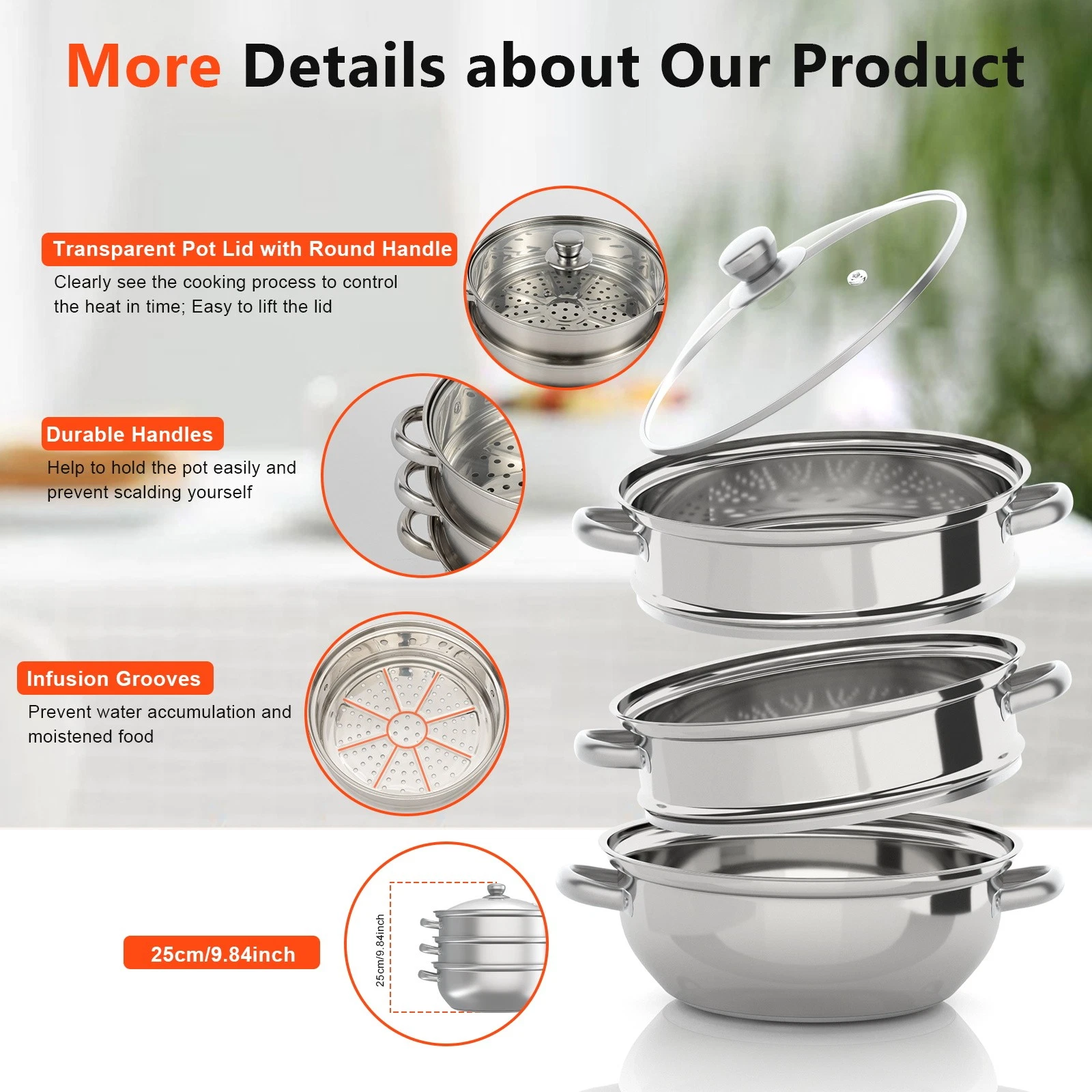 3 Tier Steamer Hot Pot Stainless Steel Cooker Steam Pot Food Cooking + Glass Lid