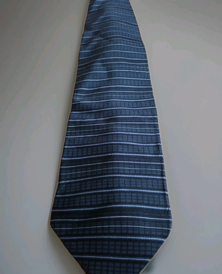 Stunning Murano Italian Silk Necktie Black & Silver Squares& Stripes... - Image 3 of 4