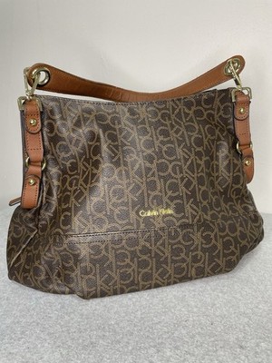 Calvin Klein Womens Large Brown Monogram Logo Tote Satchel