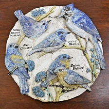Vtg Garden 3D Hanging Wall Art Plaque  Bluebirds HEAVY Indoor/Outdoor 11" Diam